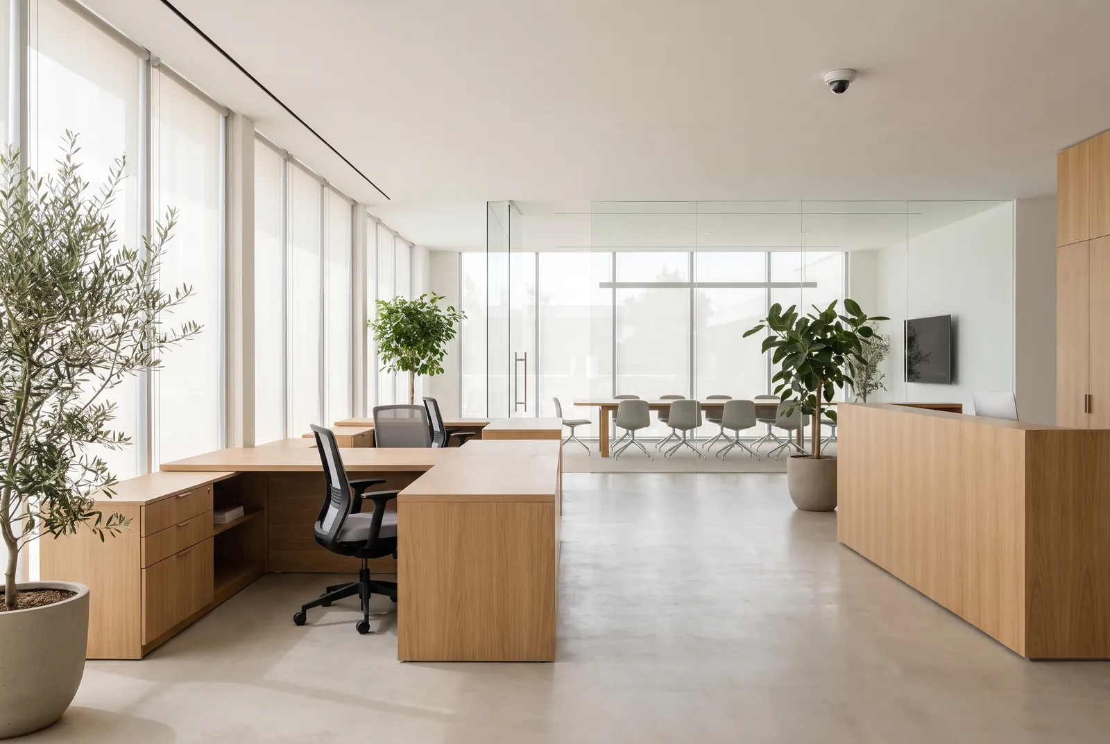 Bright modern administrative office interior with a discreet ceiling-mounted security camera near the entrance