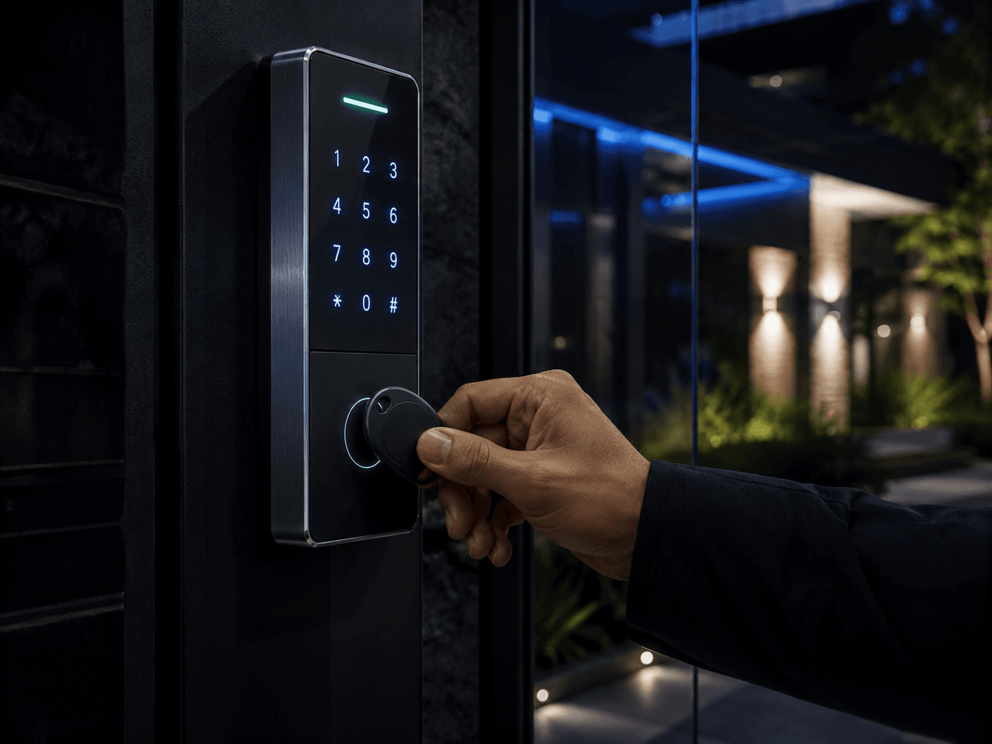 Access control keypad and card reader at a building entrance