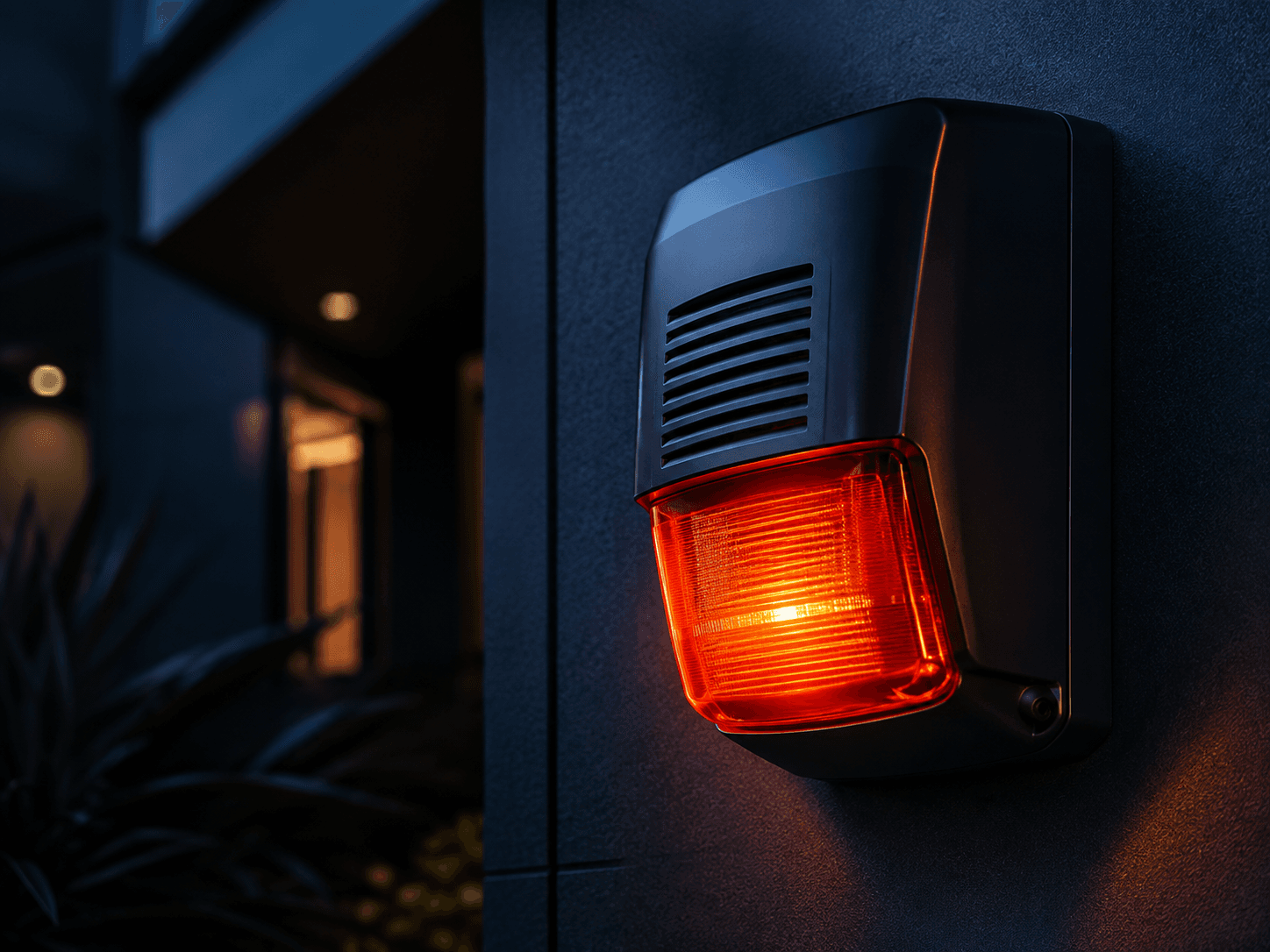 Security alarm siren and intrusion sensor on a wall